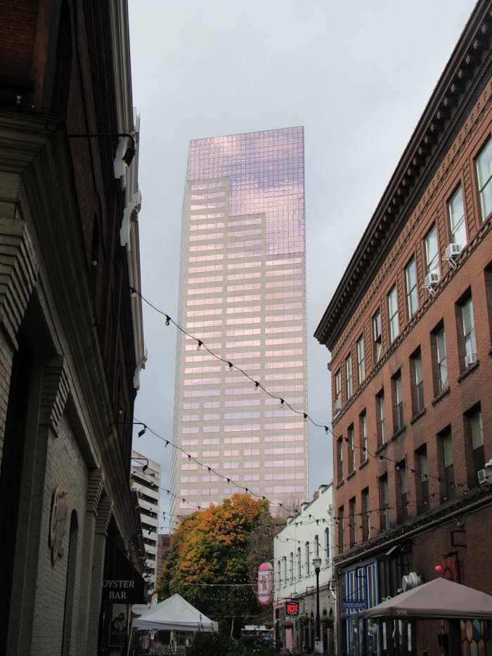 Street view of a reflective high-rise building in Portland, Oregon during fall.
