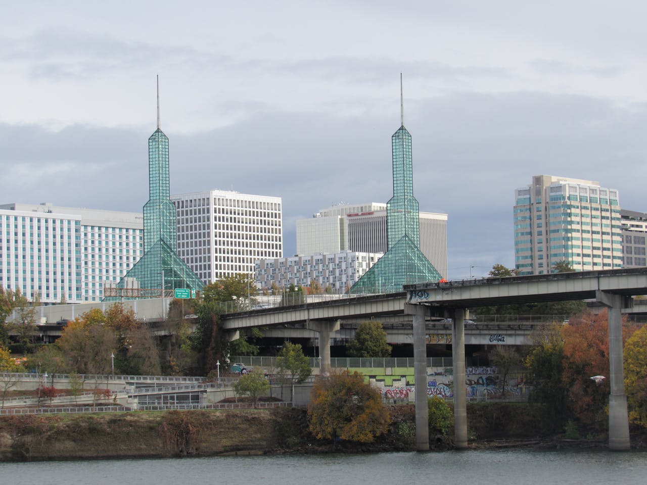 View of the Portland Oregon Convention Center towers and urban skyline.